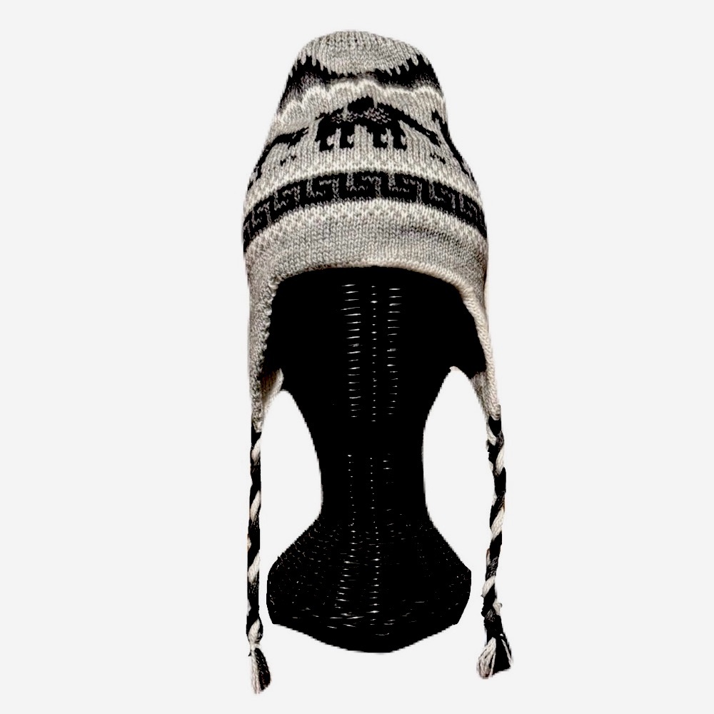 Bolivian Earflap Chullo Kint Hat Black Llama Designed Reversible Gray and White